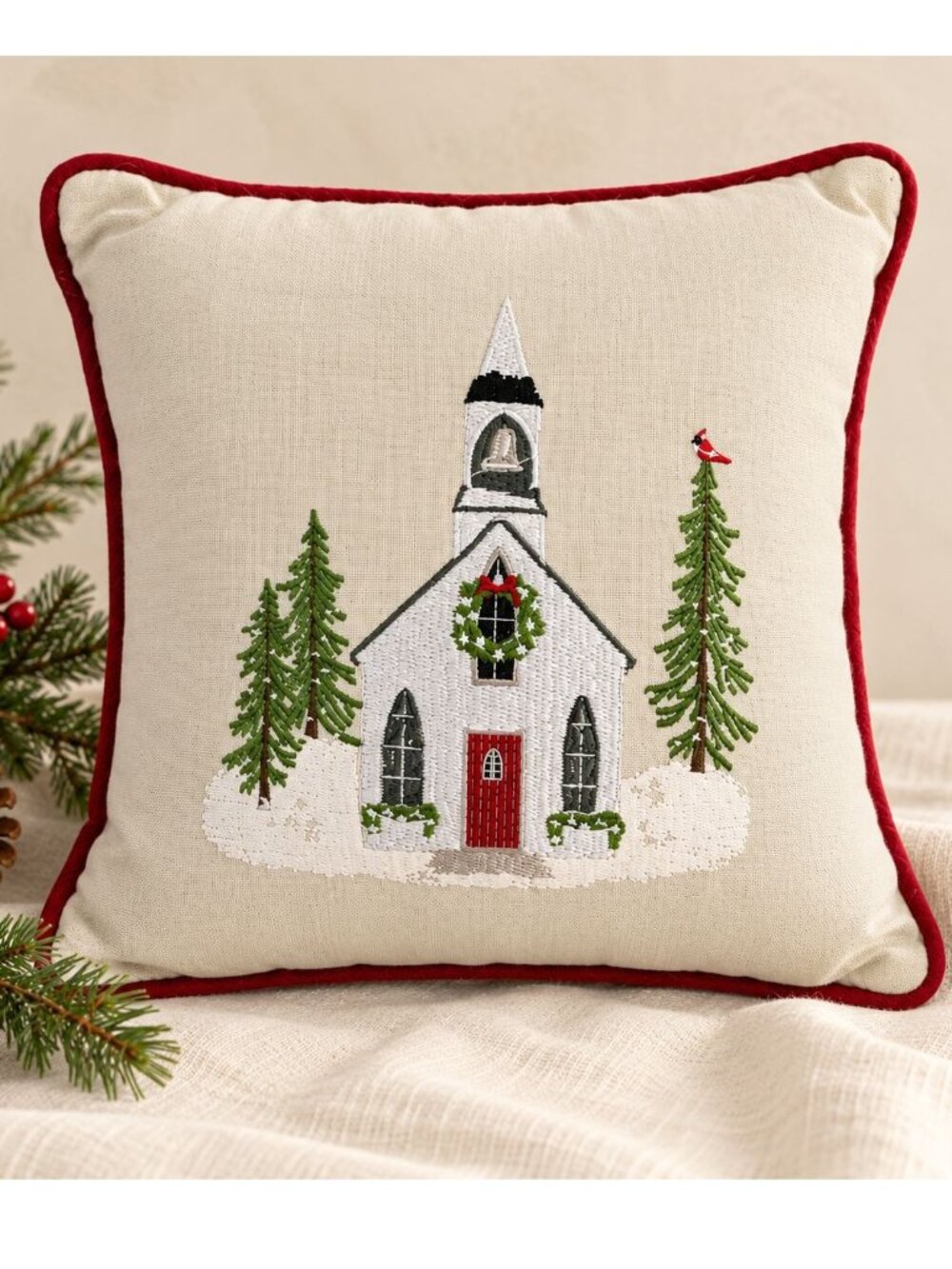 Park Designs Christmas Church Pillow 10" Embroidered Snow Holiday Cottage Decor